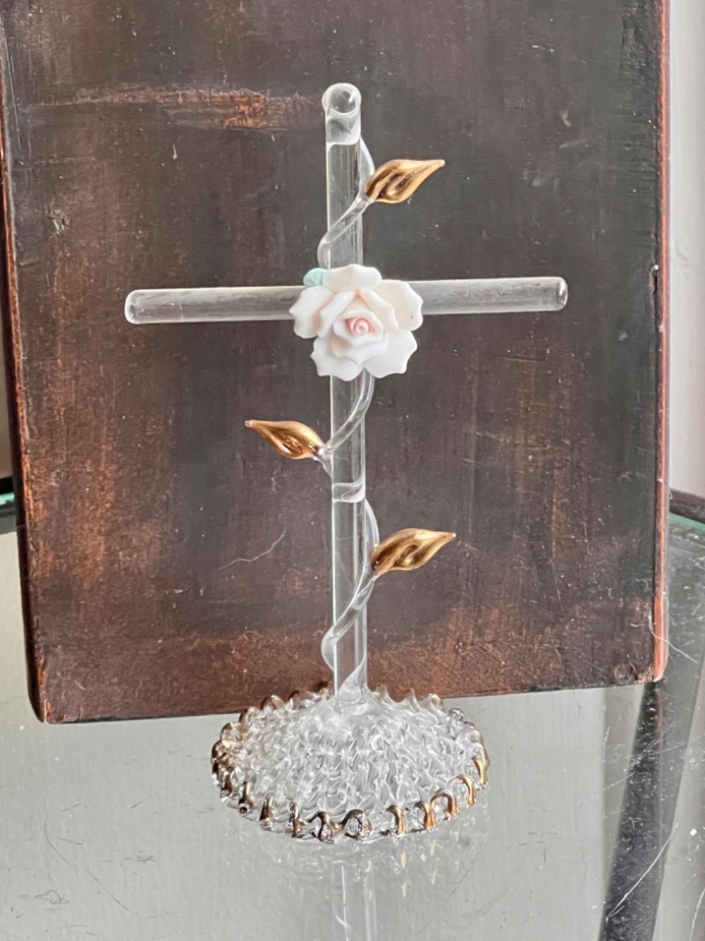 Glass CROSS w/Porcelain Pink Rose and Gold Leaves - Handblown and Knitted Glass